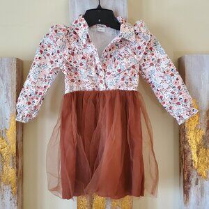 Tween Girls Floral Print Rust Tulle Dress with Woven Belt SZ 5Y